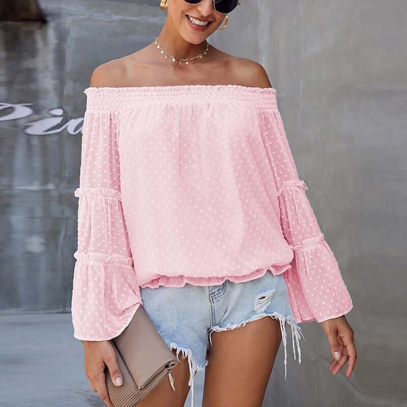 Eti Off Shoulder Summer Tshirt Women Long Sleeve Shirt Women Blouse Solid Ruffle Sleeve Slash Neck Sexy Shirts For Women Tops