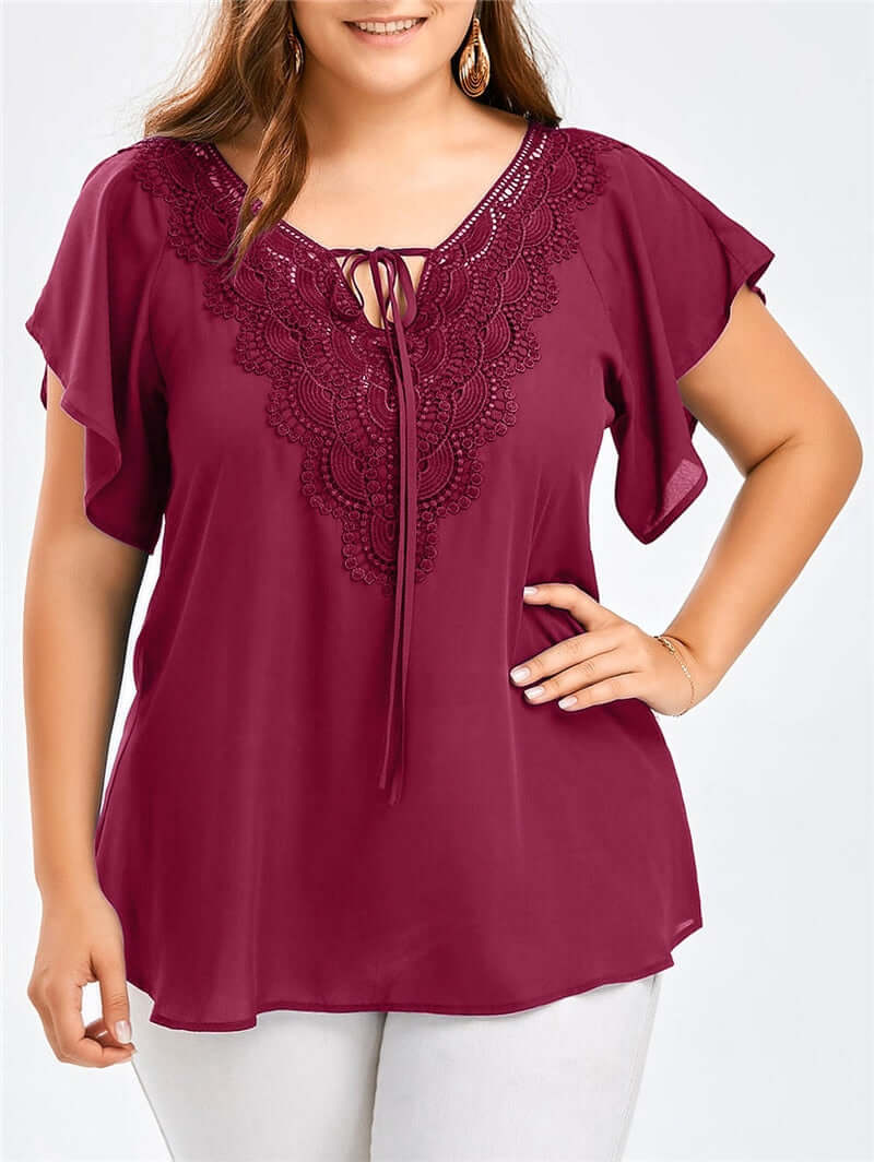 Plus Size Women Clothing T-Shirts Summer Short Sleeve Chiffon Pullovers Tops Lace V-Neck Fashion Blue T-Shirt Female Tees