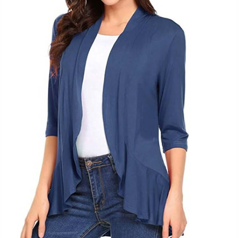 Women's Cardigan Spring Summer Autumn Clothing Solid Color Slim Top Ruffle Hem Three Quarter Sleeve Thin Simple Coat