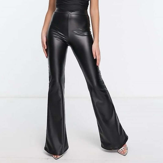 Women Slim Black Matte Leather Flare Pants High Waist Casual PU Faux Leather Wide Leg Boot Cut Trousers Bodycon Clothing Custom