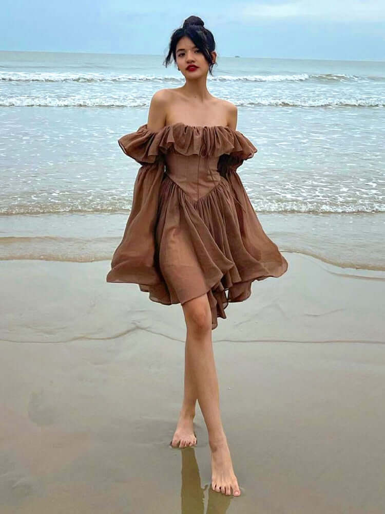 Fashion Mini Dressvin Brown - Off Shoulder Flare Sleeve