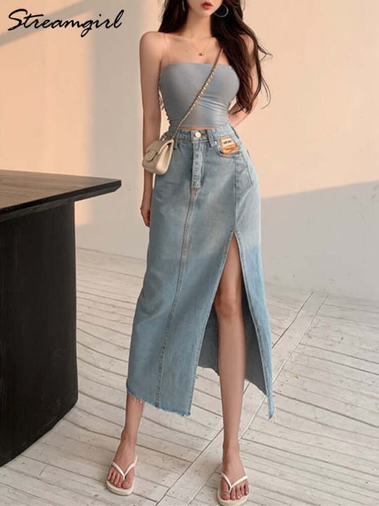 Streamgirl Maxi Jeans Skirt Women Denim Long Skirts Summer Vintage Maxi Skirt Side Split Denim Skirt Women Long