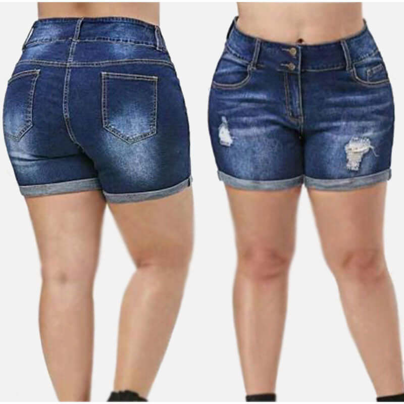 Plus Size Streetwear Push Up Slim Hip Cuffed Short Jeans Summer Women Ripped Casual Denim Shorts