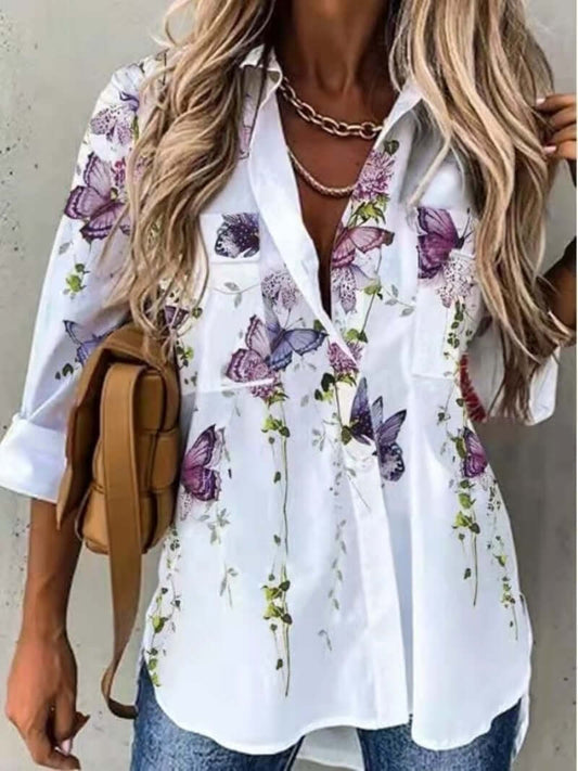 Women's Casual Button-Up Shirt - Floral Print + Creative Graphics