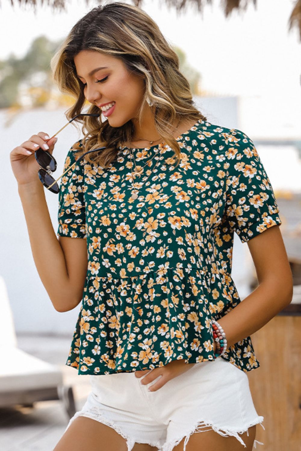 Floral Round Neck Short Sleeve Babydoll Top
