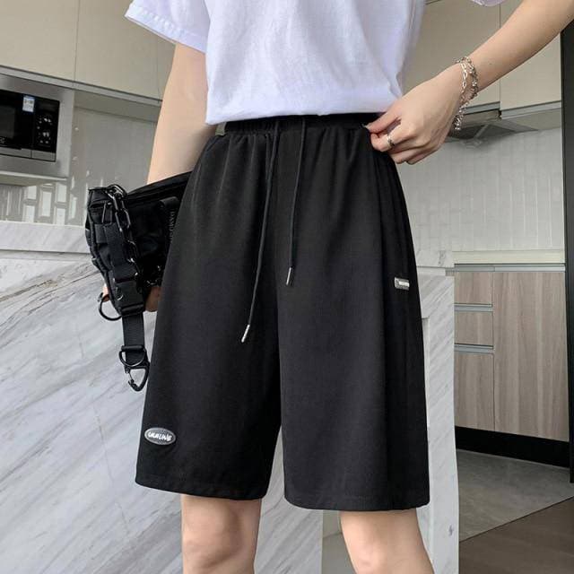 High Waisted Loose Drawstring Black Biker Shorts