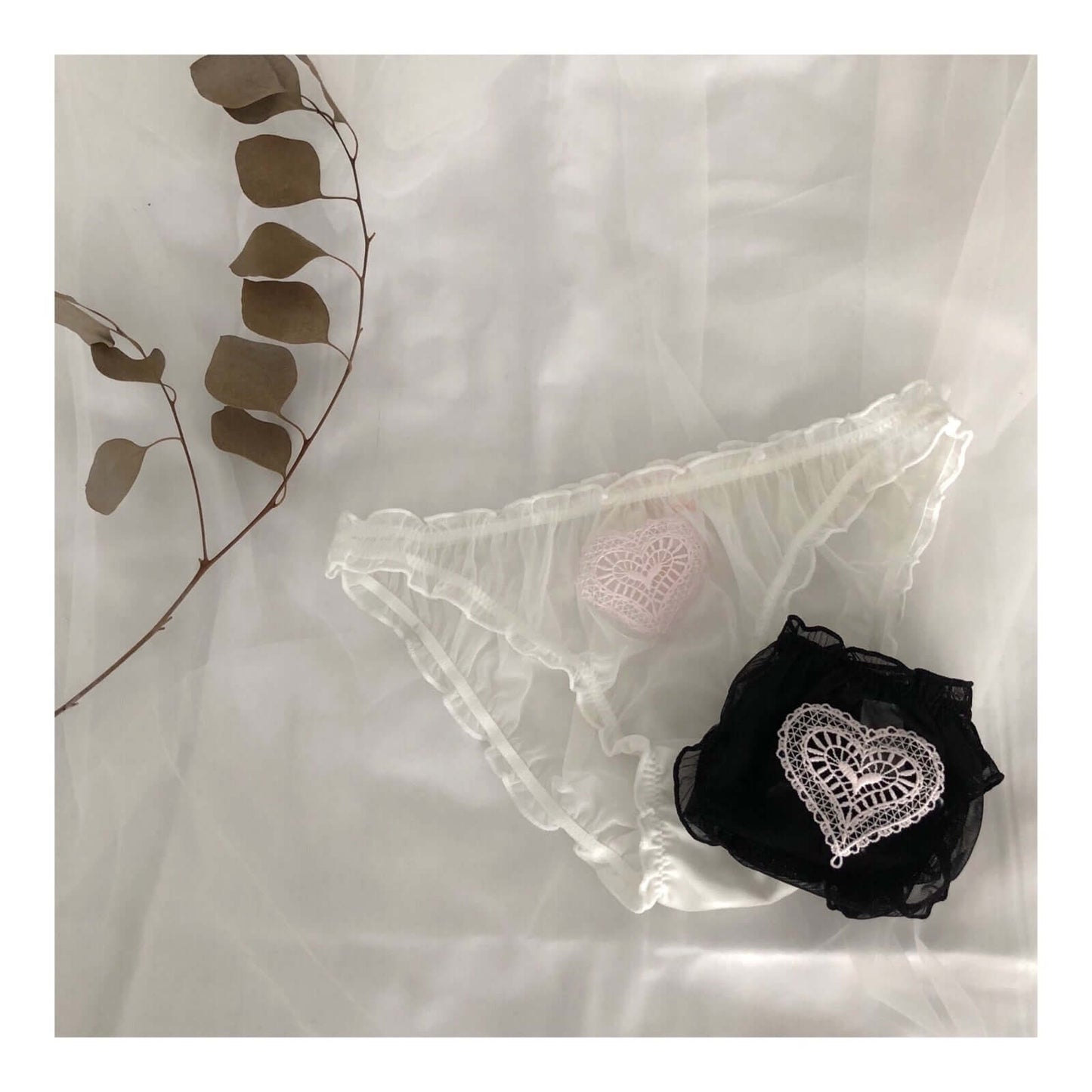 Embroidered Panties- Thin Sexy Sheer Heart Ruffles