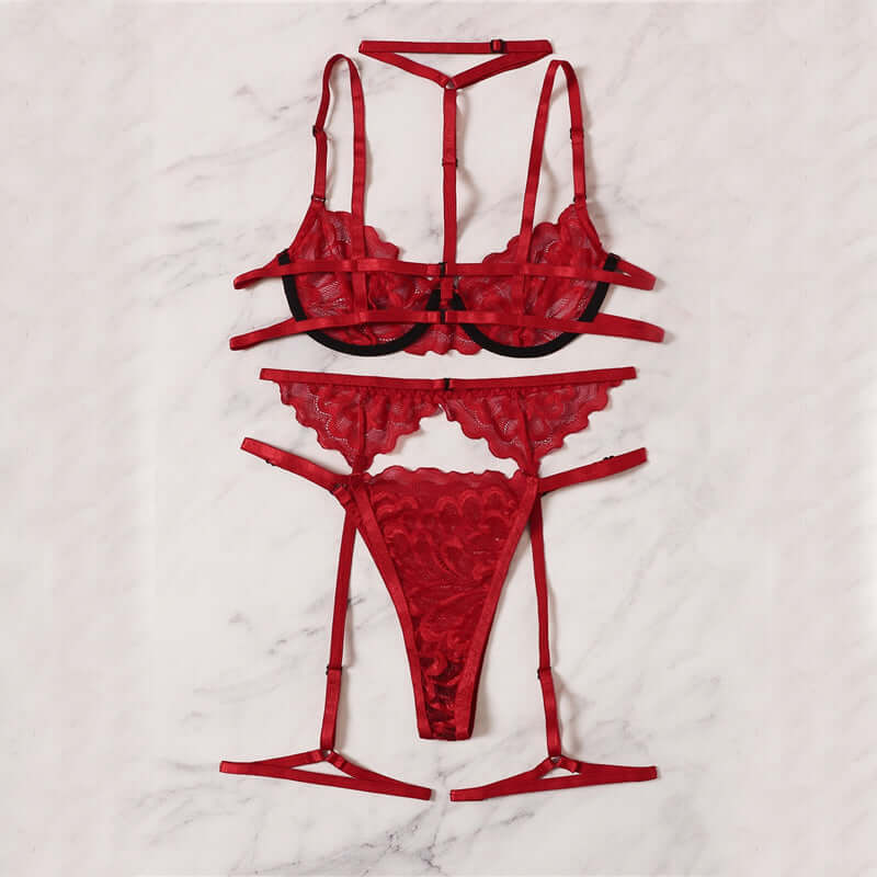 Red Underwire Bra Panties Garter Set