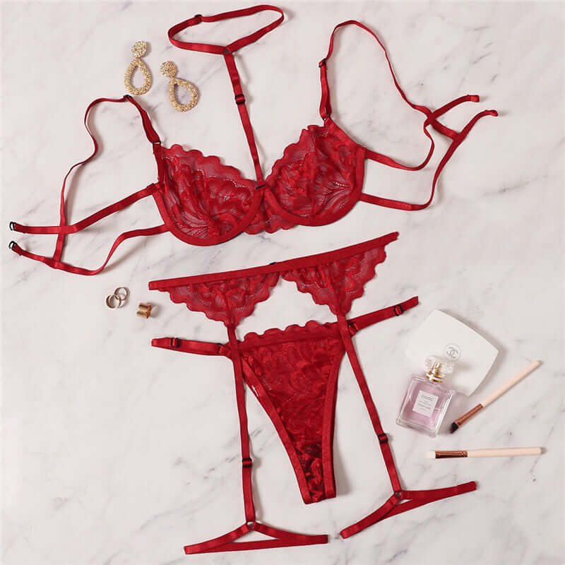 Red Underwire Bra Panties Garter Set