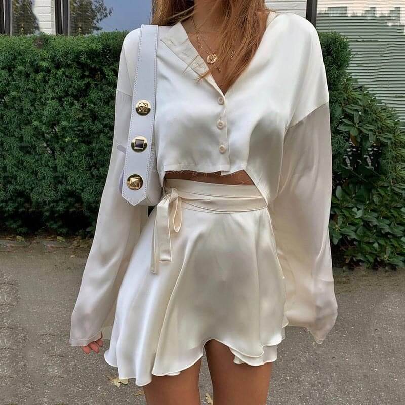 Chic Top & Shorts~Women's Fashion Satin Solid Lantern Sleeve