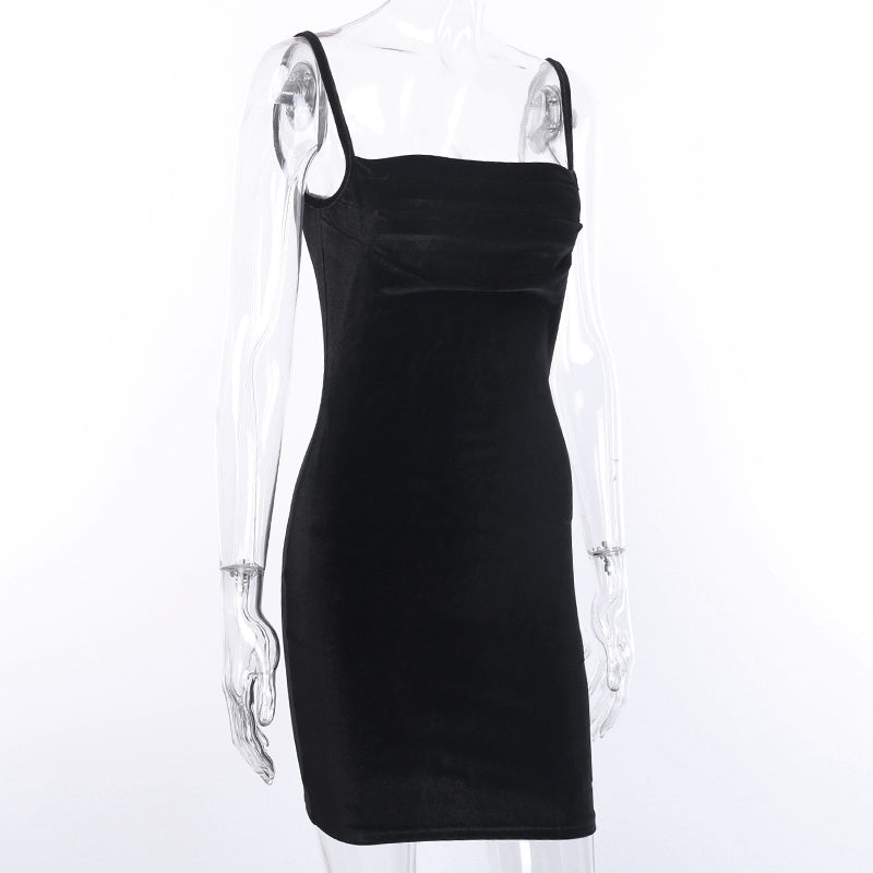 Solid Black Velvet Ruched Mini Dress