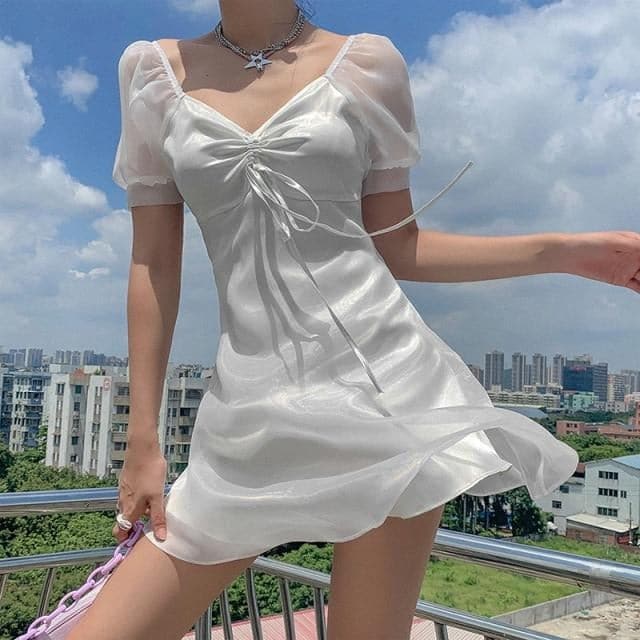 Sweet White Silk Puff Sleeve A-Line Sundress
