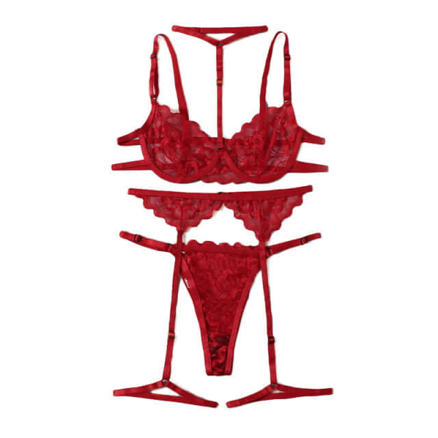 Red Underwire Bra Panties Garter Set