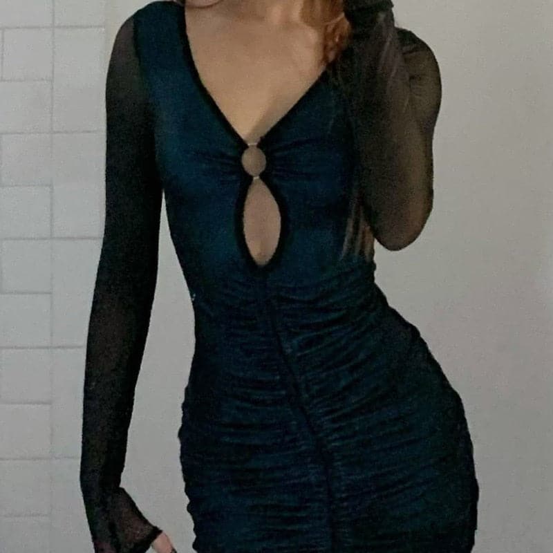 Sexy Black Ring-Decor Hollow-Out Ruched Dress