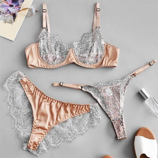 Brown Mesh Underwire Bra Three-Piece Panties Lingerie Set