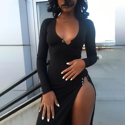 Black Pin Detail Split Thigh Maxi Dress