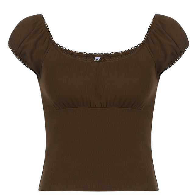 Y2K Brown Frill Short Sleeve Top