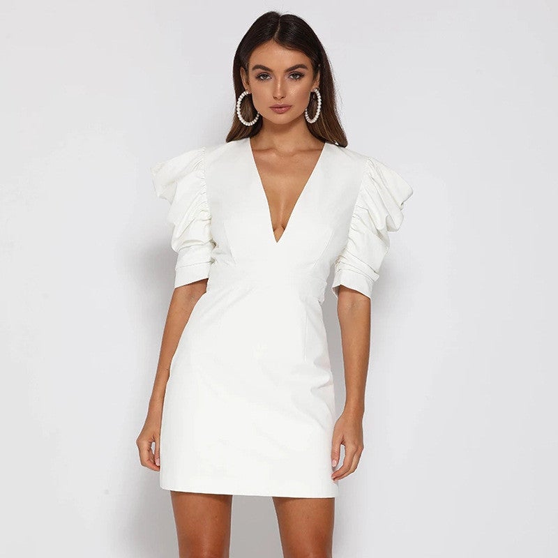 White V Neck Dress- ElaCo